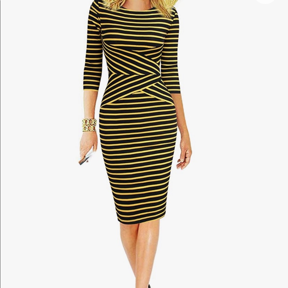 REPHYLLIS Women 3/4 Sleeve Striped Wear to Work Business Cocktail Pencil Dress